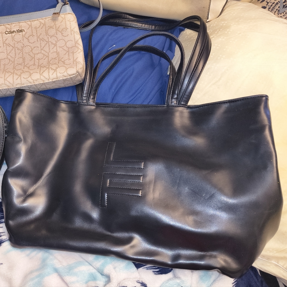 London Fog Black Leather Tote with Embossed Logo